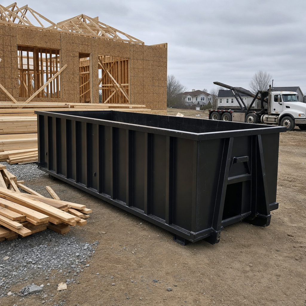Matte-black 40-yard roll-off dumpster staged on a framed-out residential construction site in Quad Cities, framing lumber stacked nearby, hooklift delivery truck visible in the background under bright Colorado daylight