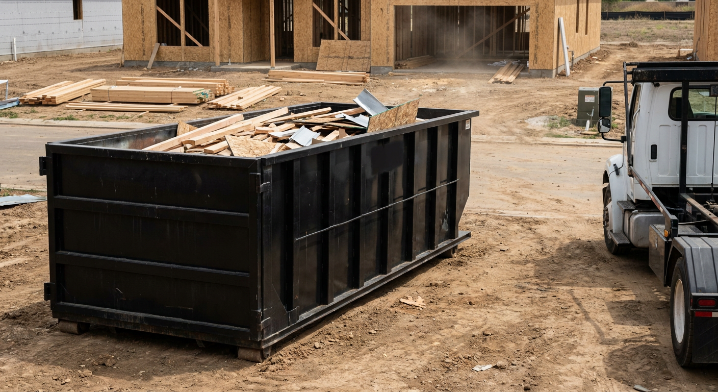 Matte-black 20-yard roll-off construction dumpster with heavy ribbed steel sidewalls and swing rear doors at a working jobsite in Quad Cities, sitting directly on compacted dirt with an unmarked white hauler partially visible at the far edge of the frame.
