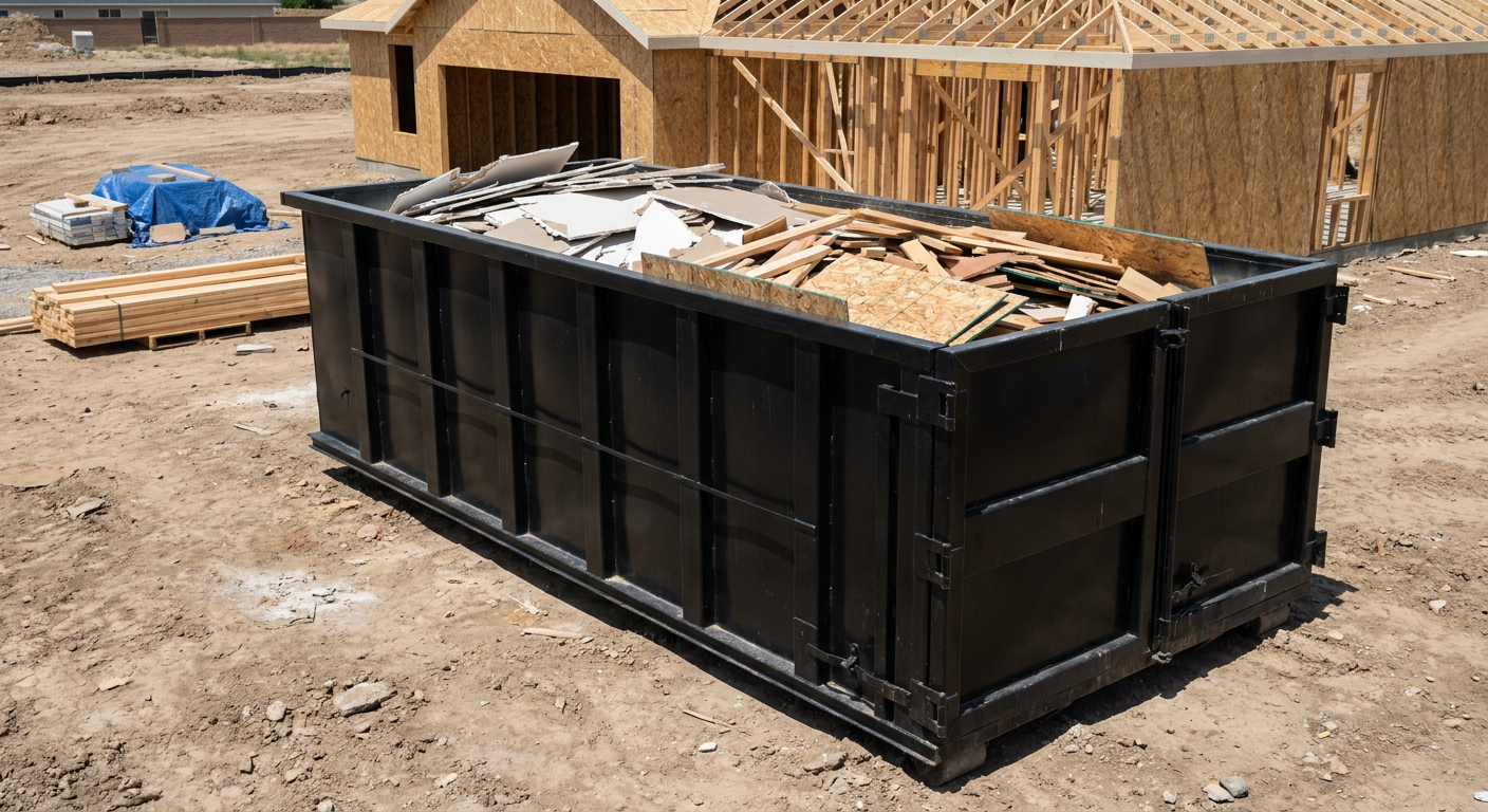 Matte-black 30-yard roll-off construction dumpster sitting directly on the compacted-dirt site of a framed single-family home build in Quad Cities, drywall and lumber scrap loaded inside.