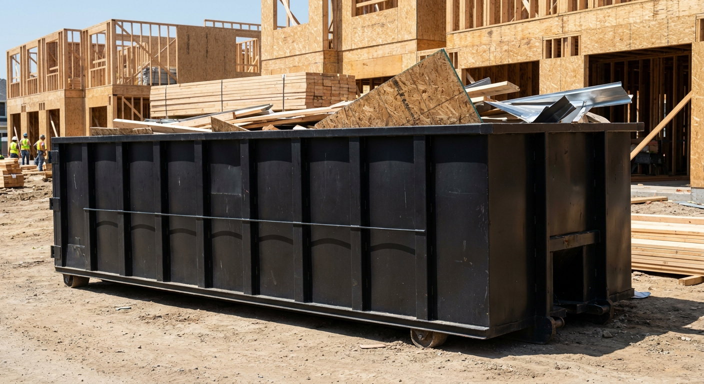 Matte-black 40-yard roll-off construction dumpster being lowered from a white-cab hooklift delivery truck onto the compacted-dirt jobsite at a commercial build site in Quad Cities
