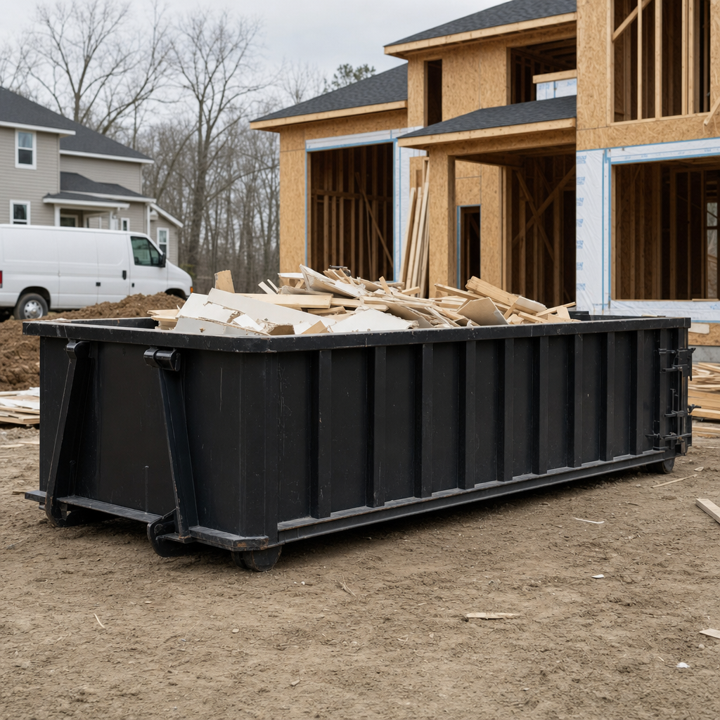 Worker in a yellow high-visibility vest tossing framing lumber and broken drywall into a matte-black 30-yard construction roll-off dumpster on an active build site in Quad Cities, bright daylight