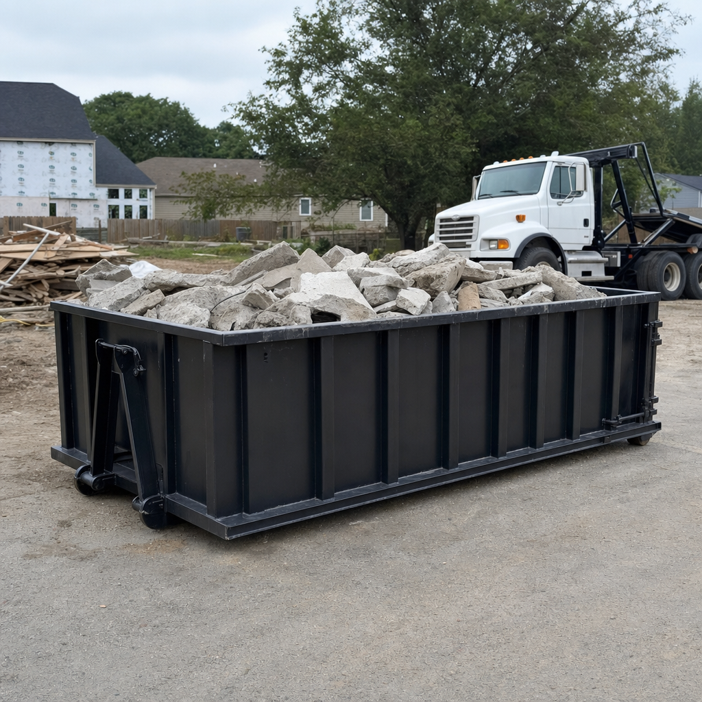 Low-profile matte-black lowboy roll-off dumpster loaded with broken concrete slab and rebar at a foundation tear-out in Quad Cities, skid steer parked beside it, sunny Colorado morning