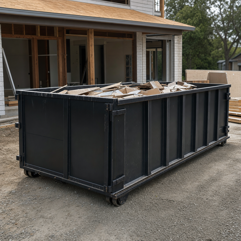 Large matte-black 30-yard construction roll-off dumpster at an active Quad Cities jobsite, steel-gray top rails and bottom rollers visible, loaded with construction debris.