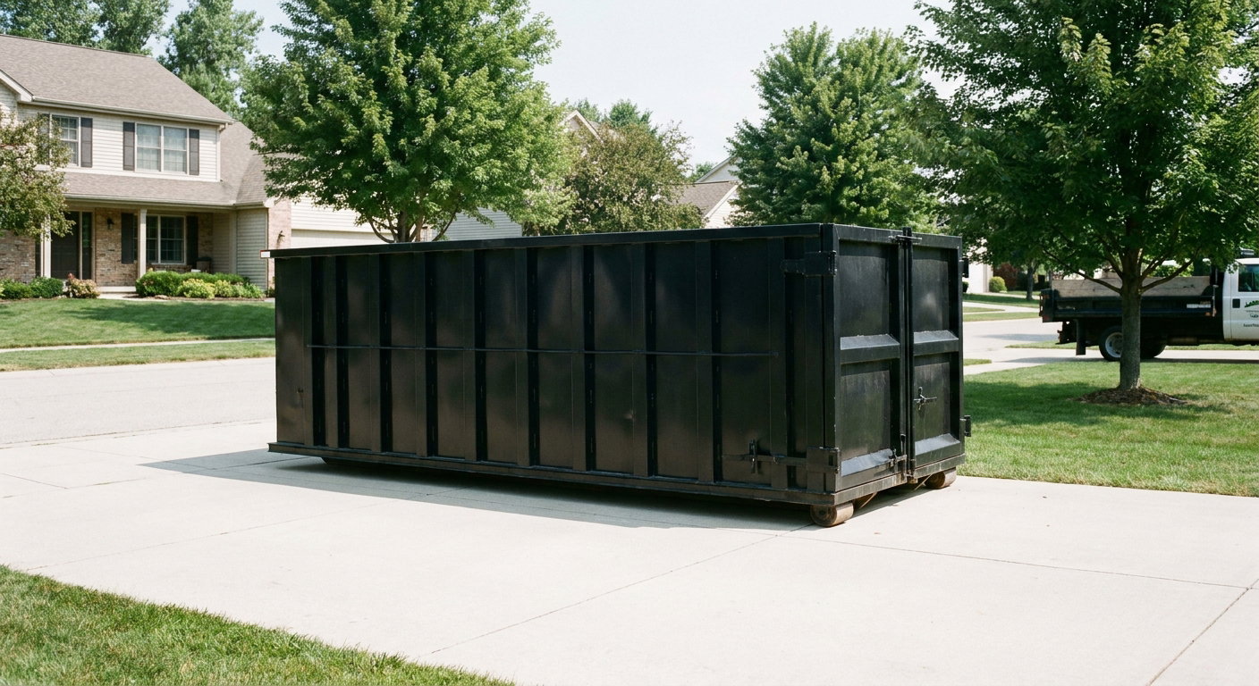 Matte-black 20-yard roll-off dumpster sitting level on a clean Quad Cities residential concrete driveway under bright daylight, demonstrating clean placement directly on the concrete.