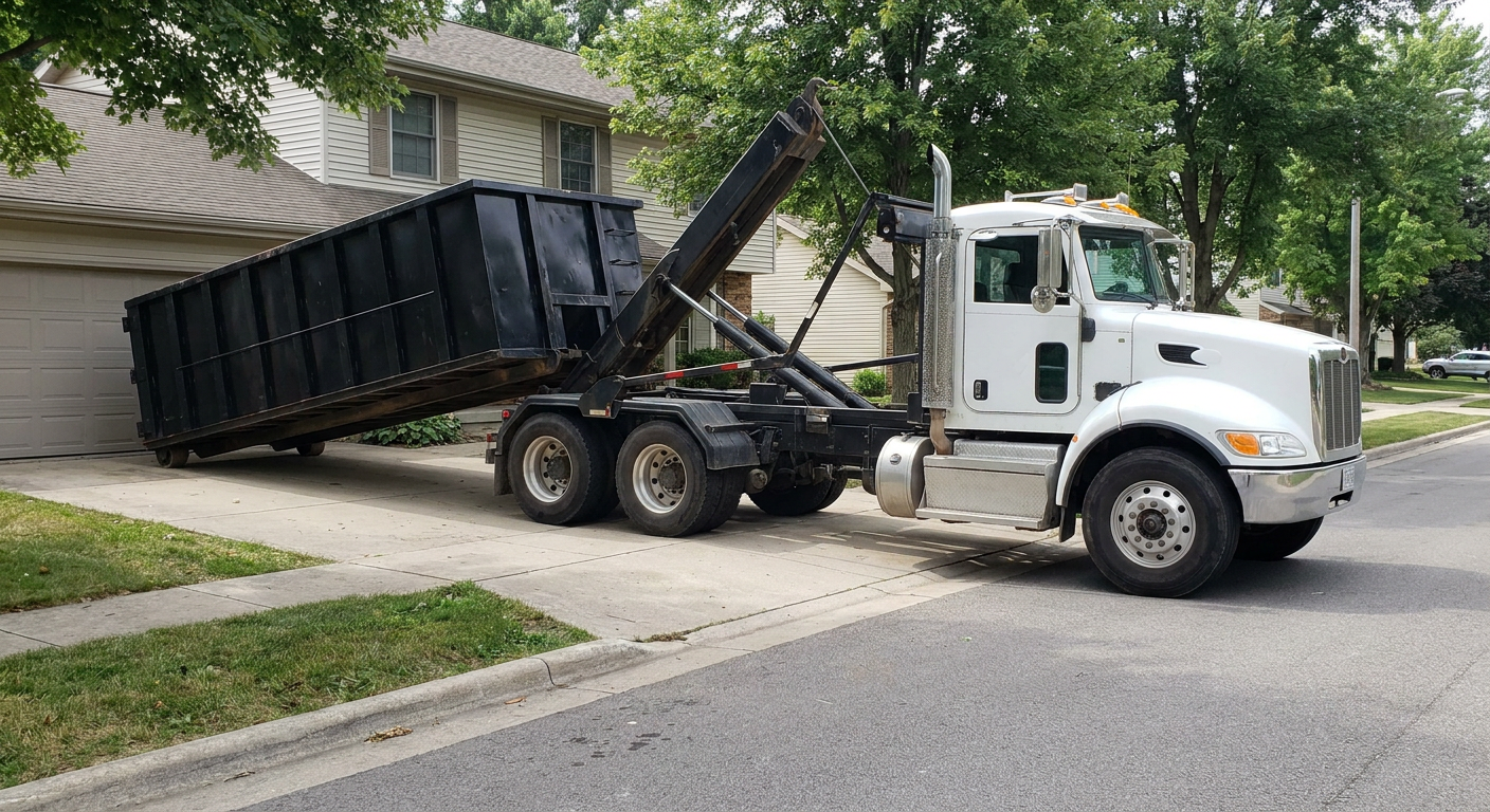 White-cab hooklift roll-off truck actively lowering a matte-black dumpster onto a Quad Cities residential concrete driveway, the dumpster's rear wheels touching the driveway as the hoist arm tilts the bed forward, mid-morning daylight.