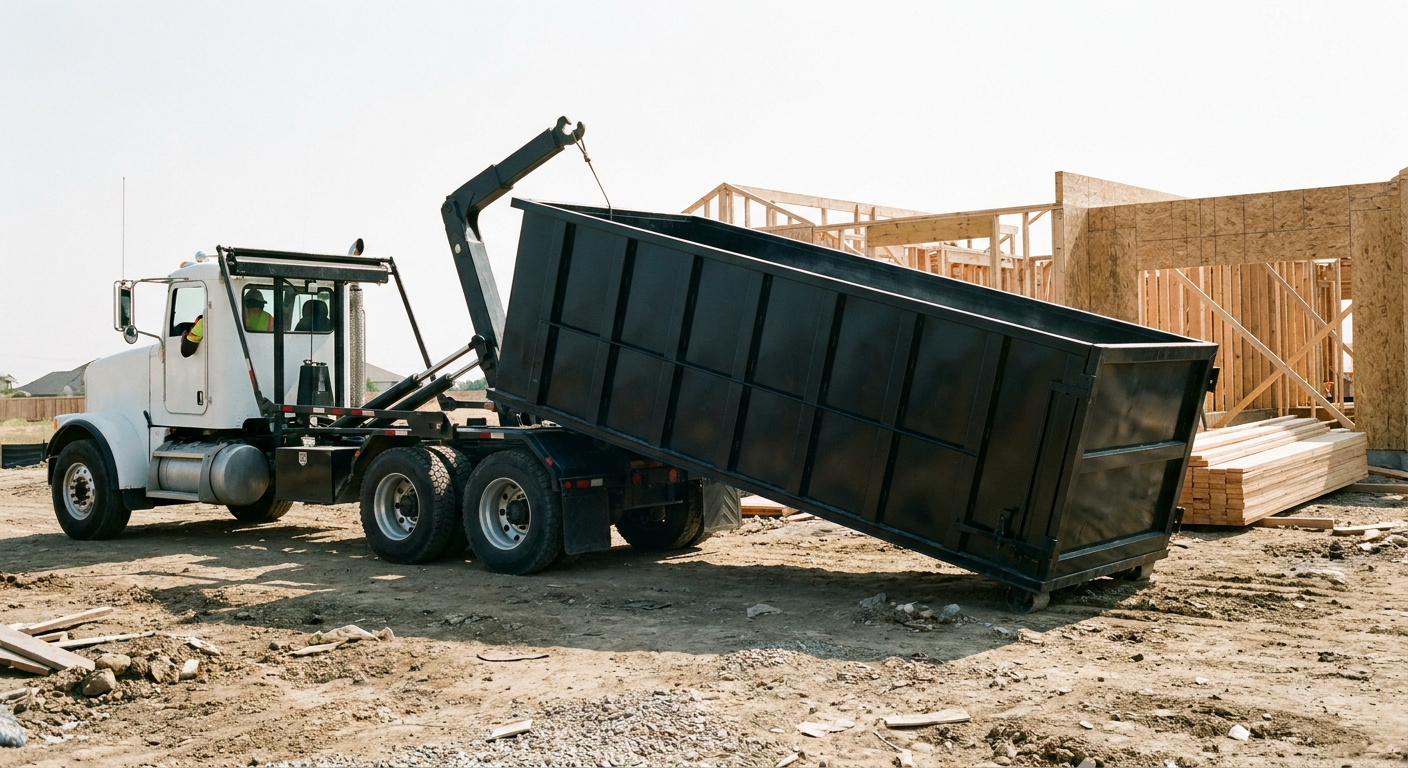 Matte-black roll-off dumpster being delivered onto a clean residential concrete driveway in Quad Cities by an unmarked white hooklift hauler truck, bright morning daylight, documentary 35mm perspective.