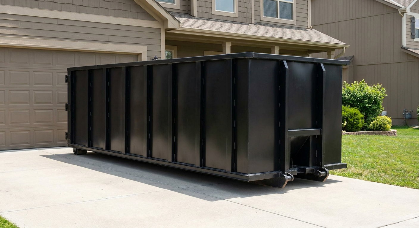 Matte-black residential roll-off dumpster sitting directly on a suburban Quad Cities concrete driveway, garage door closed, single-family home in background, bright morning daylight.