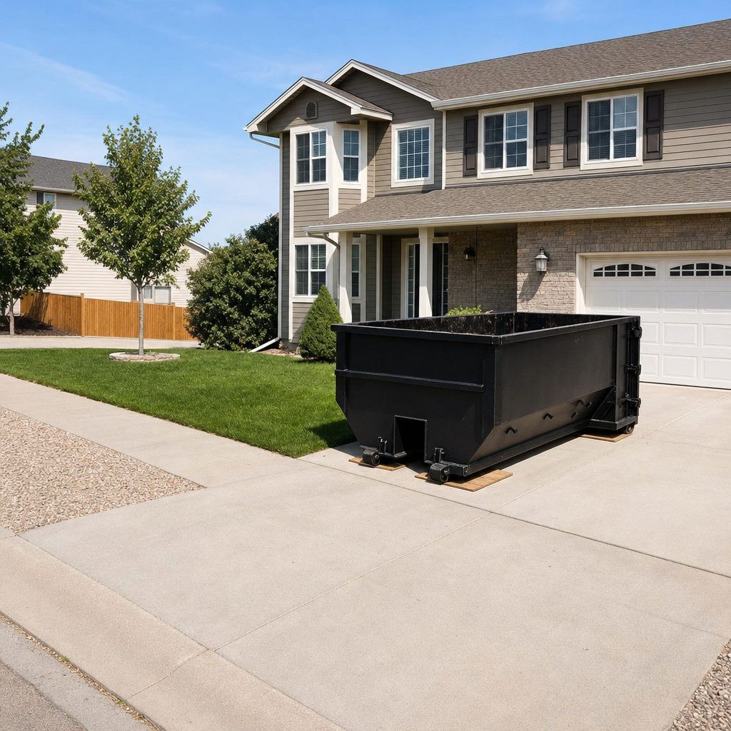 10-yard matte-black residential dumpster placed directly on a narrow Quad Cities concrete driveway, room remains for a parked sedan beside it, mid-morning natural light