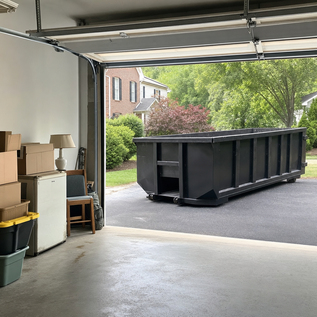 Open garage interior in a Quad Cities home mid-cleanout — boxed items, an old appliance, and stacked yard tools queued near the driveway for a matte-black roll-off dumpster, organized and calm