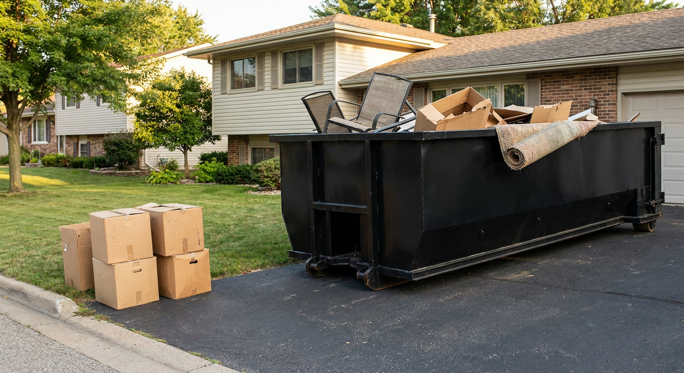 Front-yard view of a Quad Cities split-level home with a 20-yard matte-black roll-off dumpster sitting directly on the asphalt driveway, a few clearly labeled donation boxes staged at the curb, calm sunny afternoon.