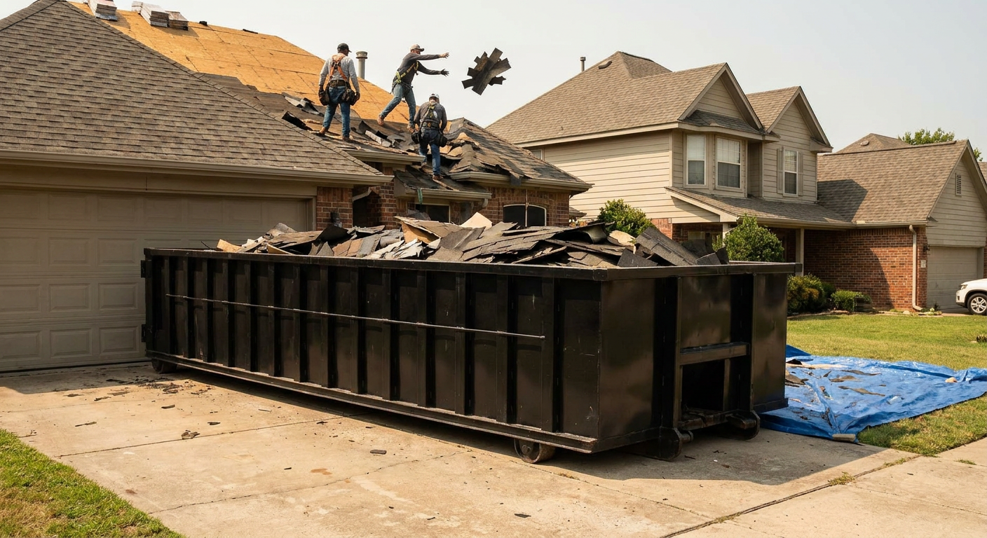 Matte-black roofing roll-off dumpster placed directly on a Quad Cities residential concrete driveway, a tear-off crew on a two-story asphalt-shingle roof tossing shingle bundles into the low-walled container, bright daylight, documentary 35mm perspective.