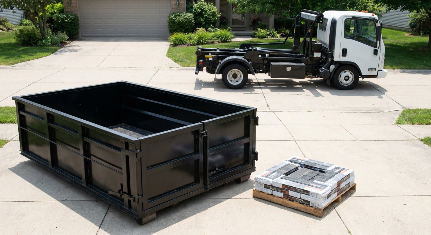 Matte-black 15-yard roofing roll-off dumpster with reinforced low side walls sitting directly on a Quad Cities residential concrete driveway, three-tab asphalt shingle bundles stacked nearby, an unmarked white hauler truck partially visible at the edge of the frame.