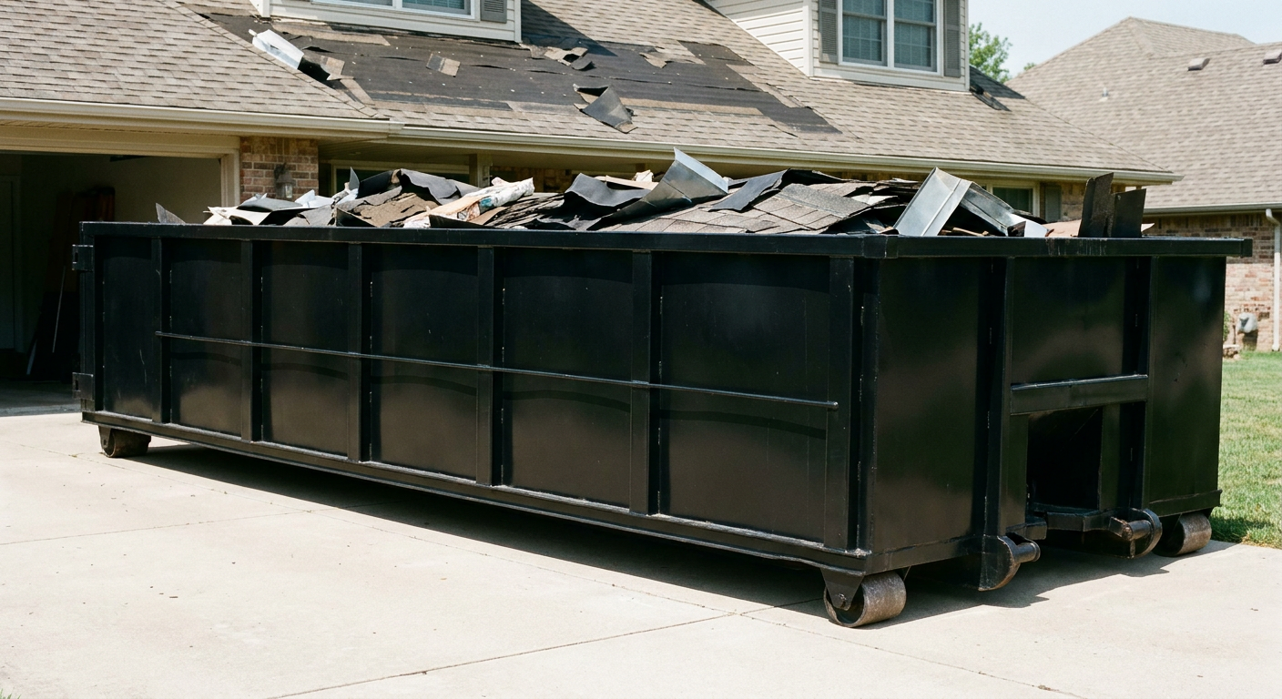 Matte-black 20-yard roofing roll-off dumpster with steel ribbed sides and swinging rear door, sitting directly on the concrete driveway of a two-story Quad Cities home, asphalt shingle debris being loaded over the low wall, clean documentary lighting.