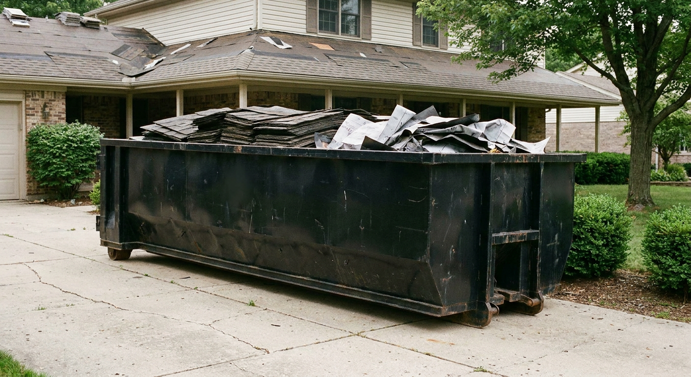 Matte-black 30-yard roofing roll-off dumpster sitting directly on a Quad Cities concrete driveway, taller ribbed steel side panels, mixed tear-off debris of asphalt shingles and underlayment inside, professional documentary daylight.