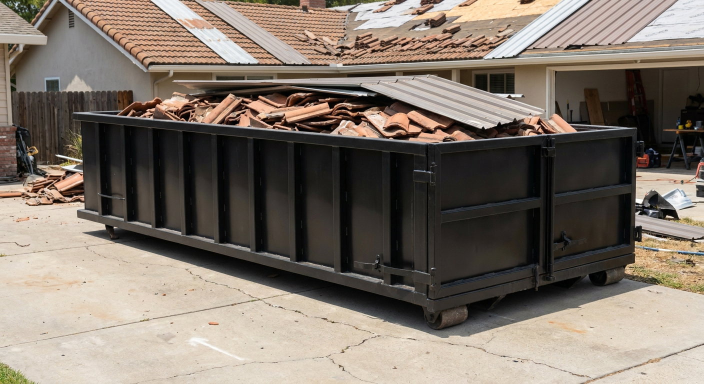 Matte-black low-wall heavy-debris roofing roll-off dumpster sitting directly on a Quad Cities concrete driveway, broken concrete clay roof tiles and metal panel sections loaded inside, reinforced ribbed steel side walls visible, bright outdoor daylight.