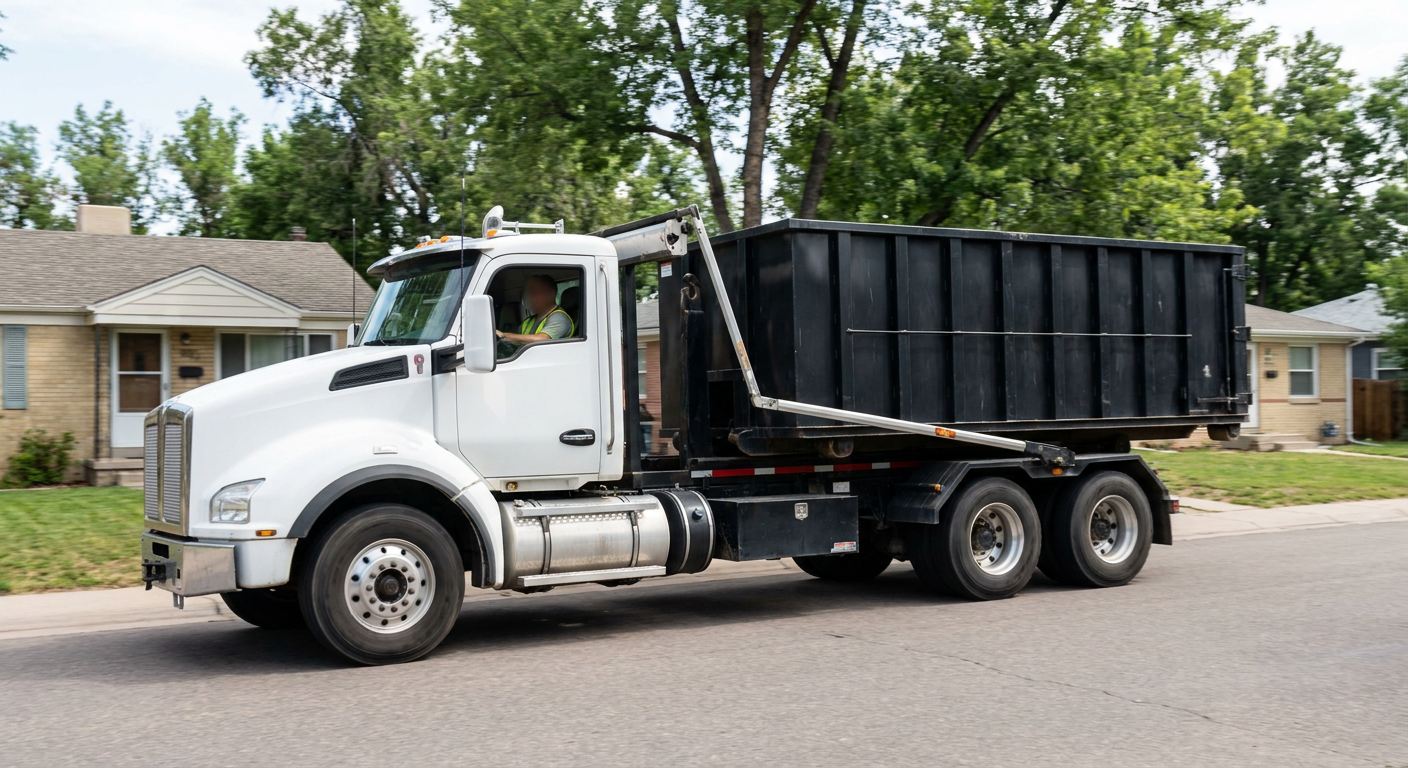 A wide documentary shot of a matte-black roll-off delivery truck pulling onto a quiet Quad Cities residential street at mid-morning, with neighborhood rooftops and tree-lined blocks visible behind, showing the metro coverage footprint.