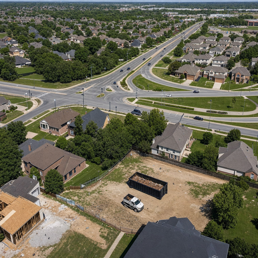 An overhead documentary view of the Quad Cities metro area at midday, showing the spread of neighborhoods, arterial roads, and the dispatch radius from a central yard — clean daylight, organized geographic layout.