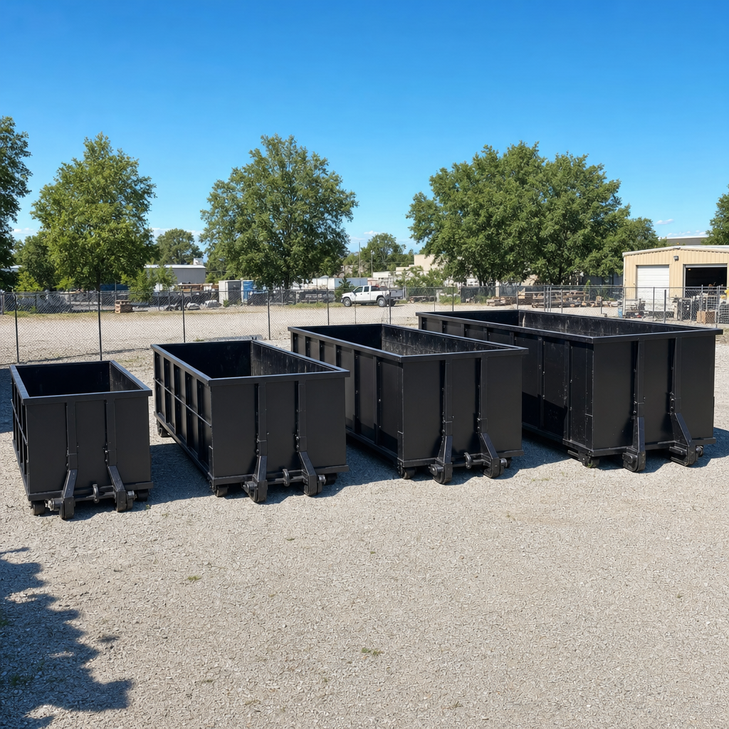 A clean lineup of matte-black roll-off dumpsters in 10, 20, 30, and 40-yard sizes staged on a sunlit gravel yard in Quad Cities, showing the size progression from compact to commercial-scale containers.