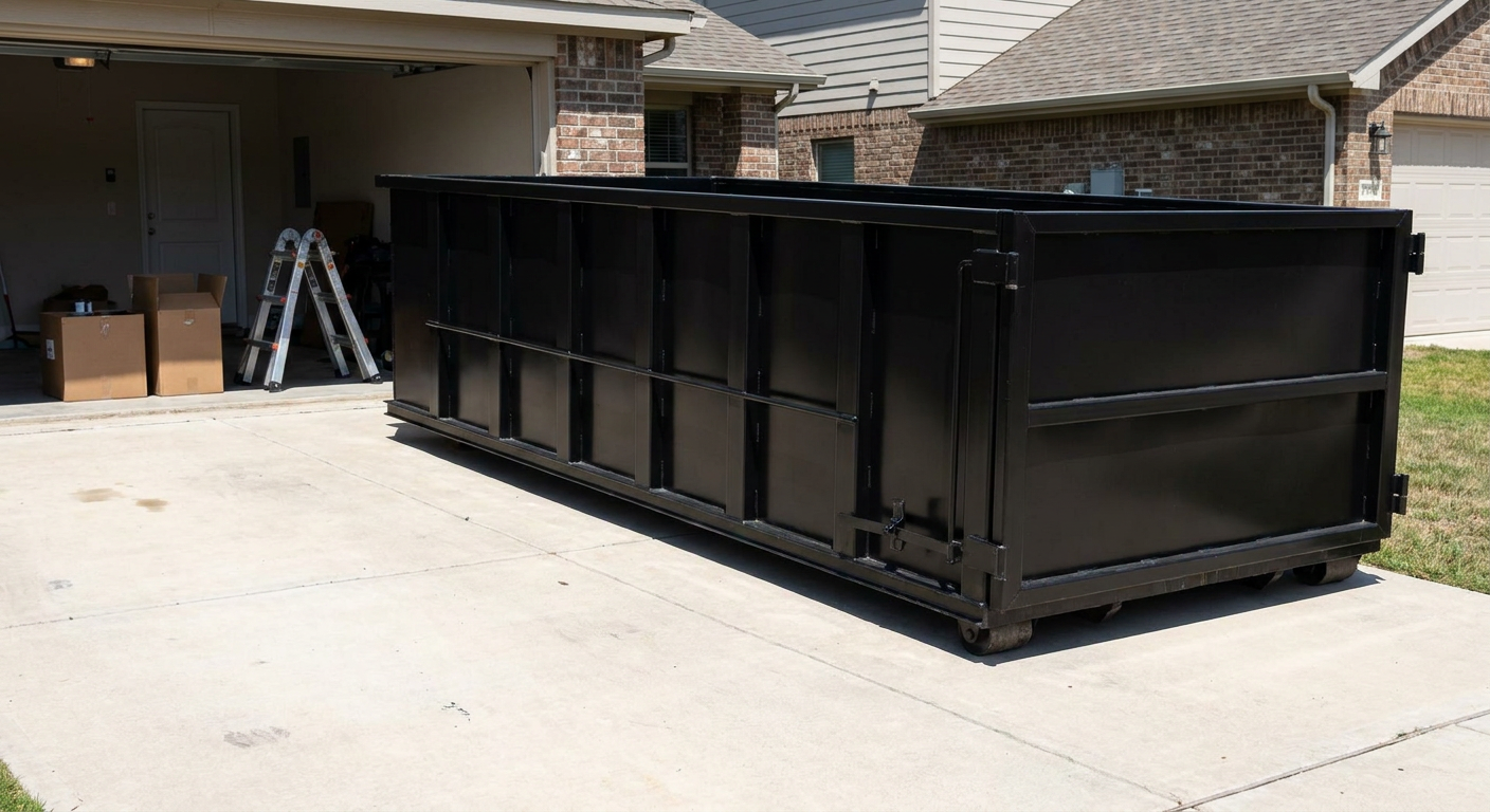 A matte-black 10-yard roll-off dumpster sitting directly on a residential Quad Cities concrete driveway, mid-day sunlight, clean and ready for a garage cleanout.