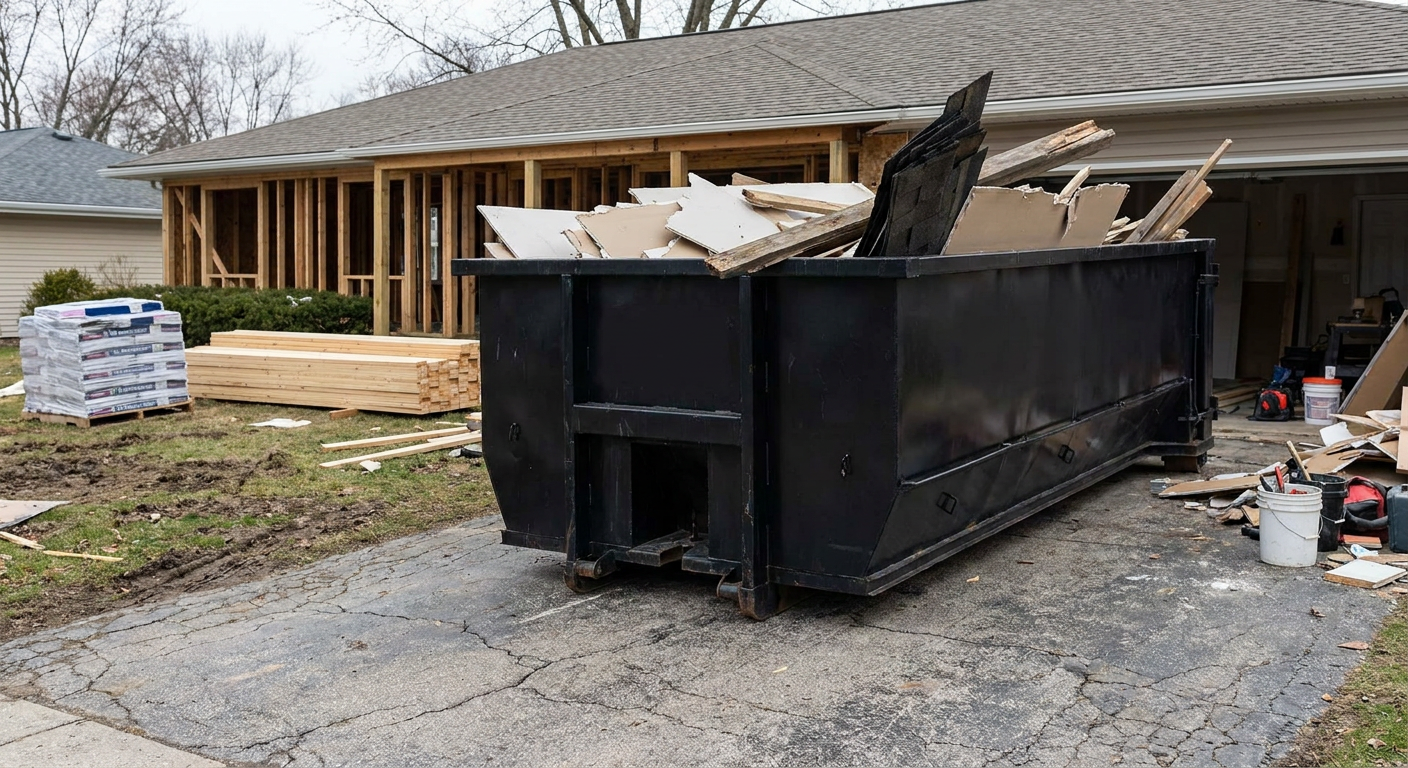 A matte-black 20-yard roll-off dumpster placed alongside a mid-renovation Quad Cities home directly on the asphalt driveway, with framing materials and torn-off shingles staged neatly nearby.