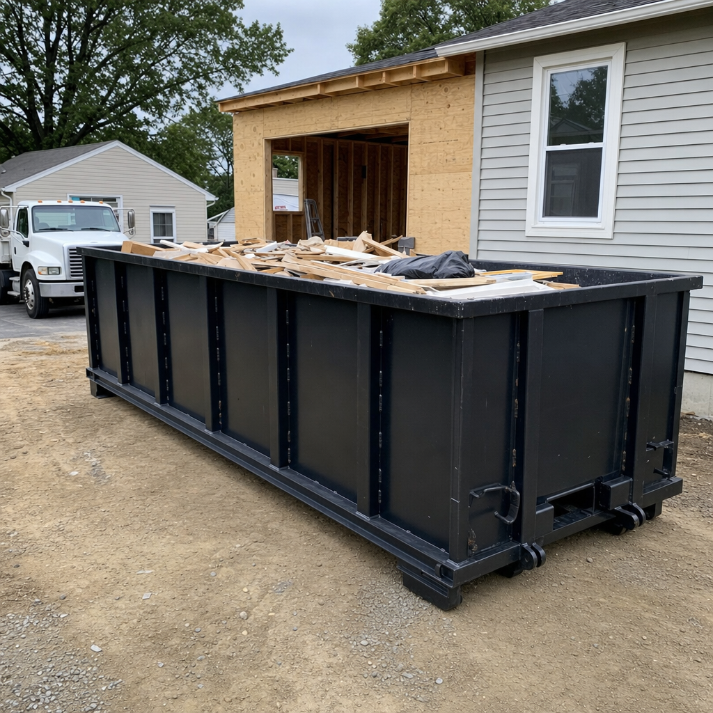 A matte-black 30-yard roll-off dumpster positioned at a Quad Cities residential addition jobsite, with framing lumber and drywall scraps loaded through the open swinging rear doors.