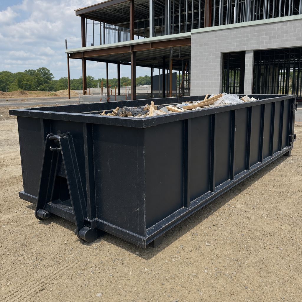A matte-black 40-yard roll-off dumpster staged on a large Quad Cities commercial construction lot, with a hooklift delivery truck parked alongside under bright midday sky.