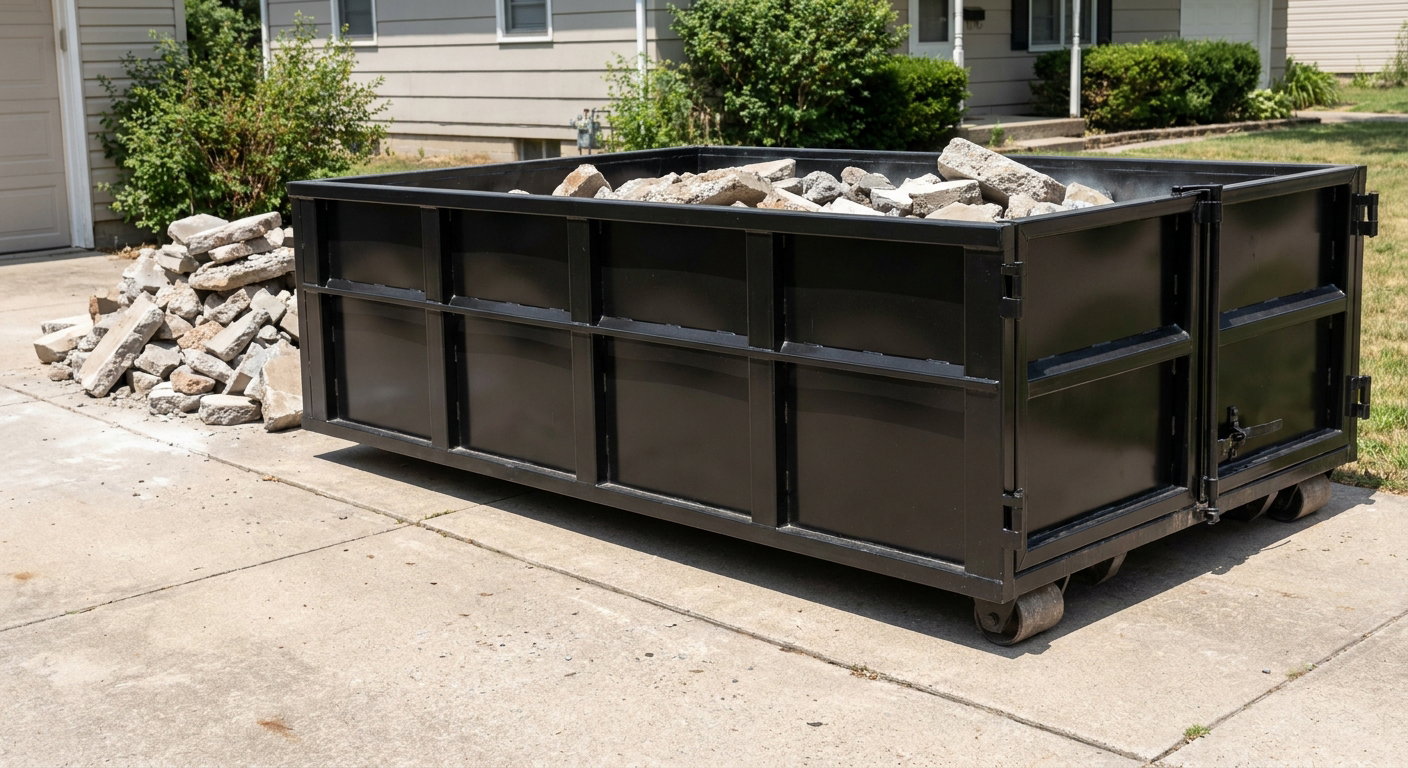 A matte-black low-side heavy-debris roll-off dumpster placed directly on a Quad Cities concrete driveway, with broken concrete chunks neatly stacked beside it under clean daylight.